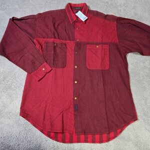 America Perry Ellis Mens M Button Down Shirt Red Burgundy Striped Colorblock 90s